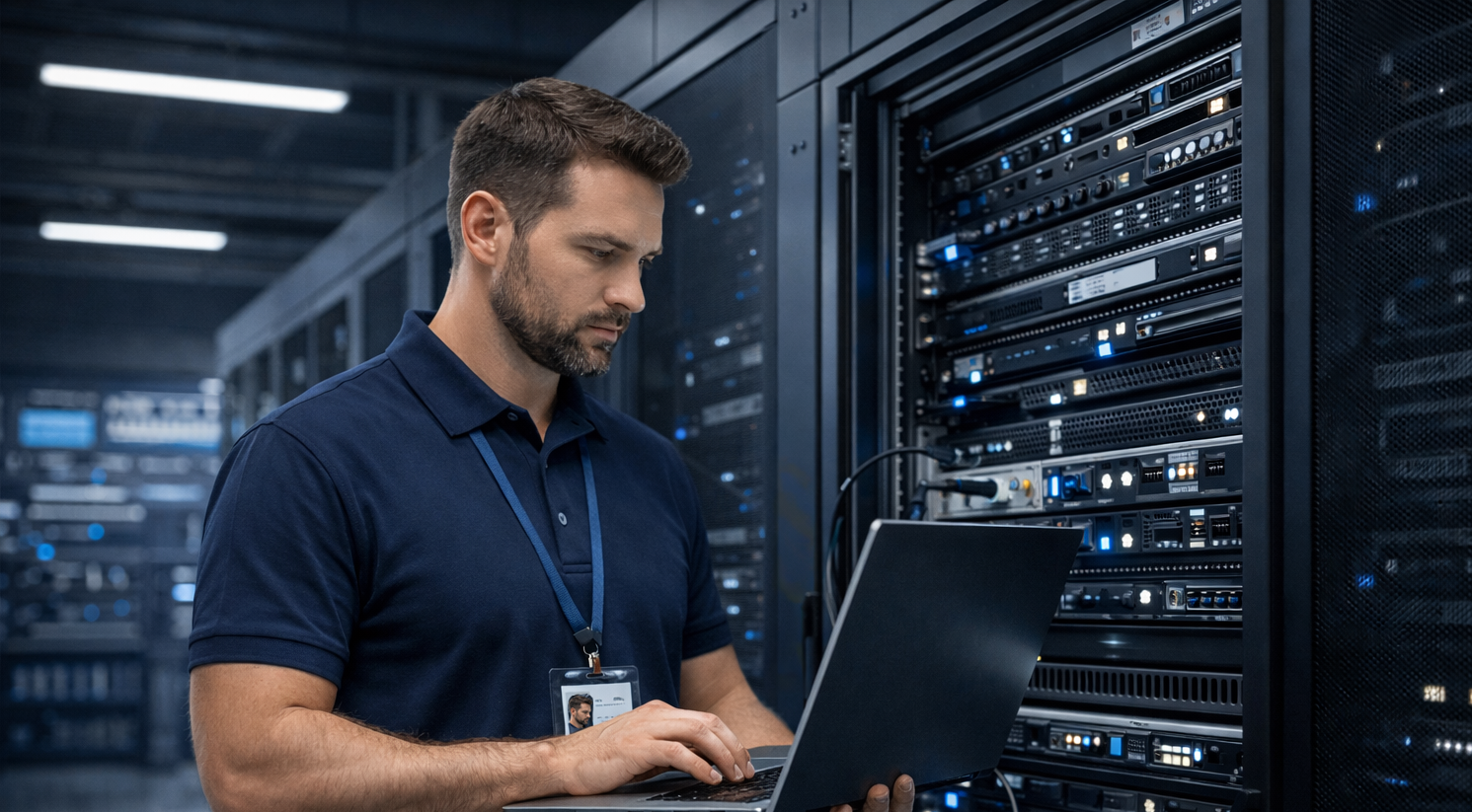 Skilled technician performing services at a server rack.